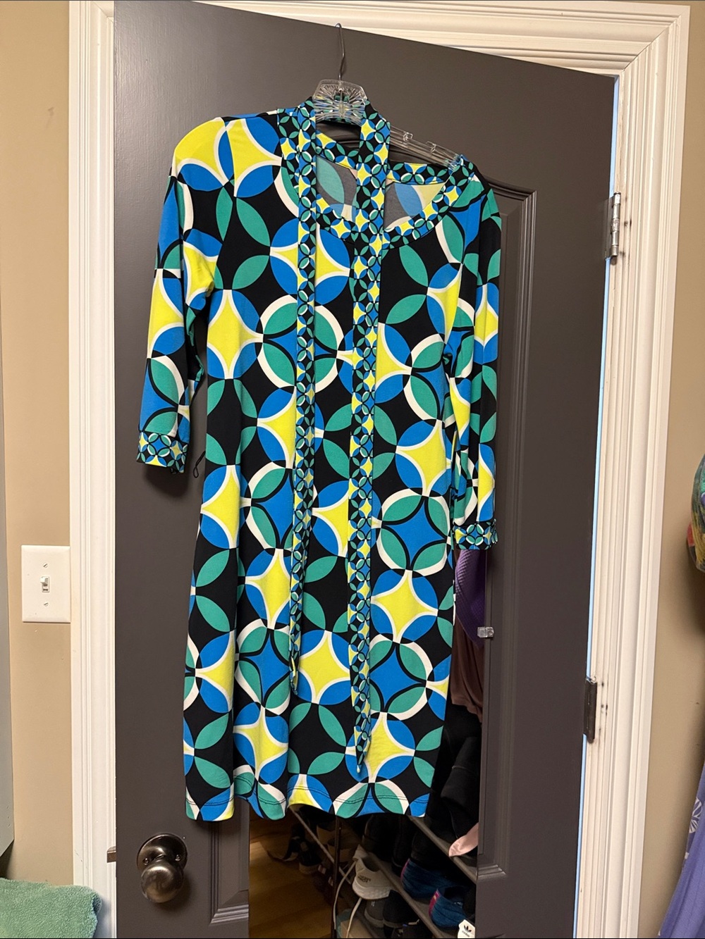 Banana Republic Geometric Midi Dress in Teal, Yellow & Black